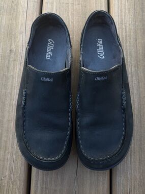 OluKai Boy's Moloa Black Leather Slip On Loafer Size‎ 6 Big Boy